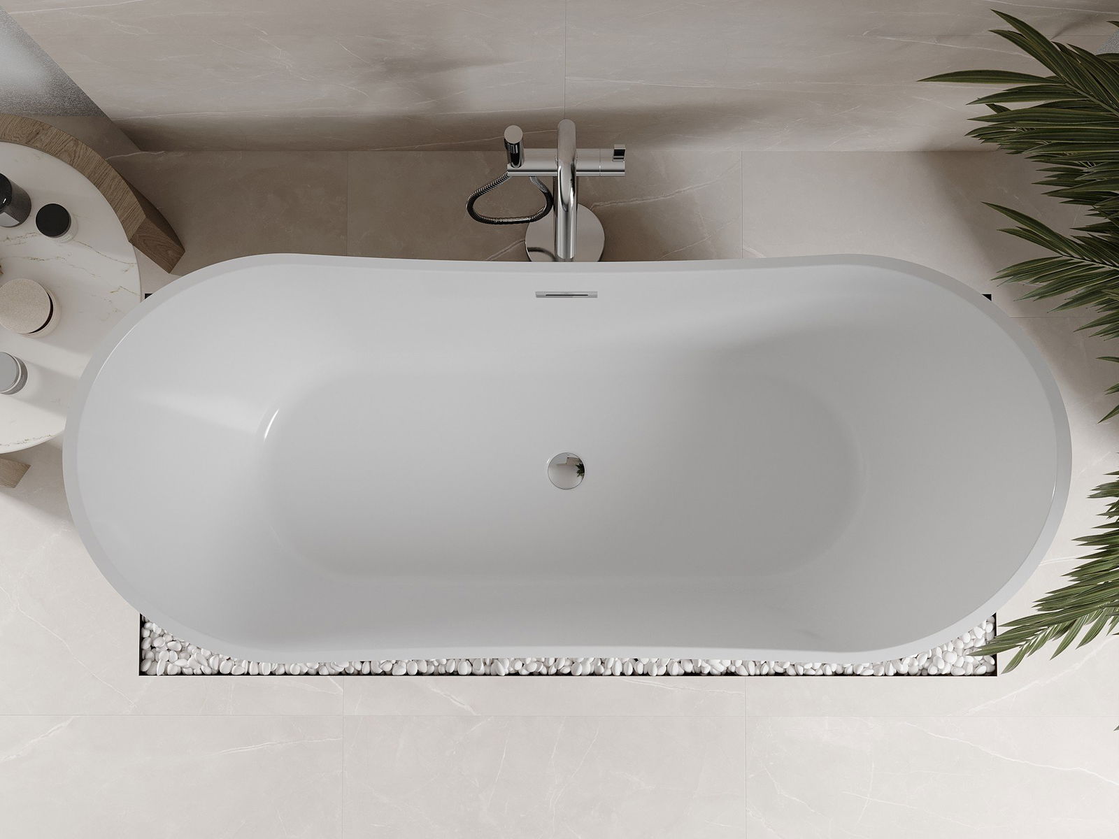 Smėlio spalvos plytelės vonioje su Mexen vonia